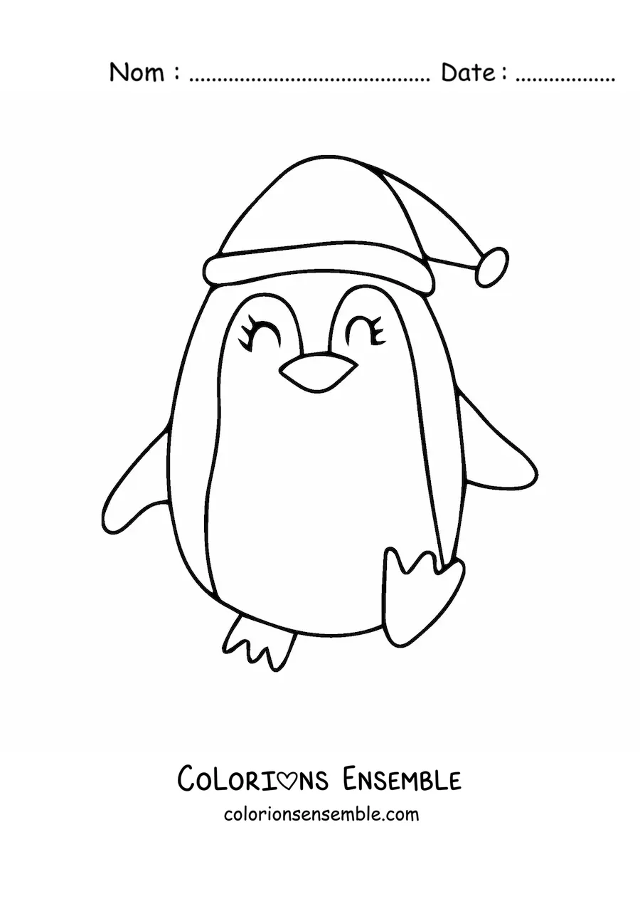 Image à colorier d'un pingouin de Noël qui marche