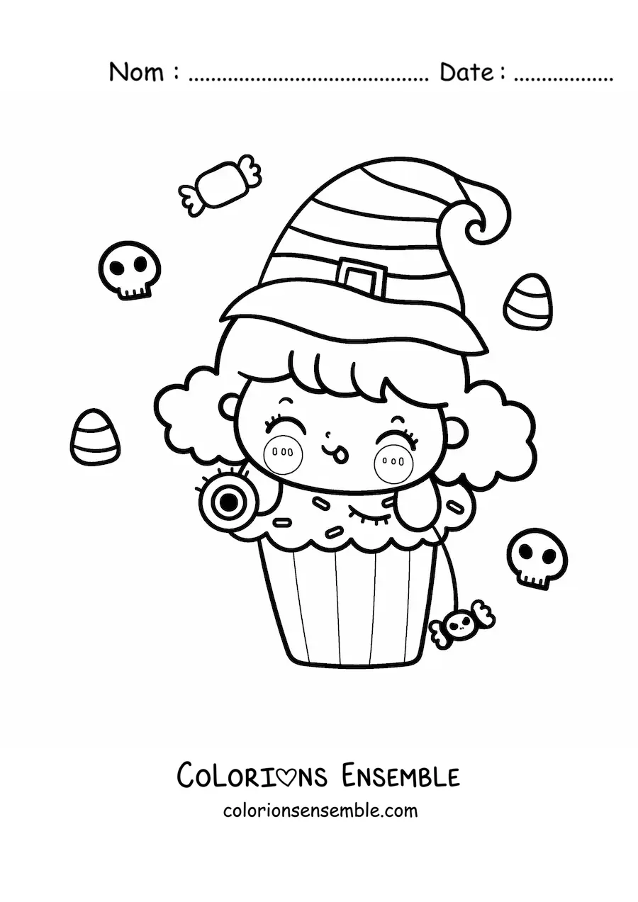 Image à colorier d'une petite sorcière kawaii sur un cupcake
