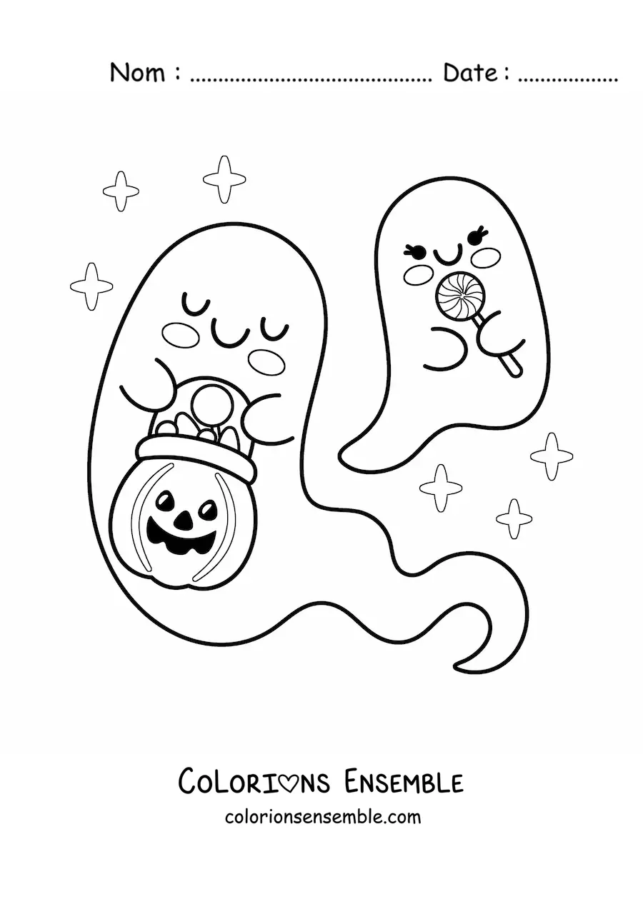 Image à colorier de fantômes kawaii avec des bonbons d'Halloween