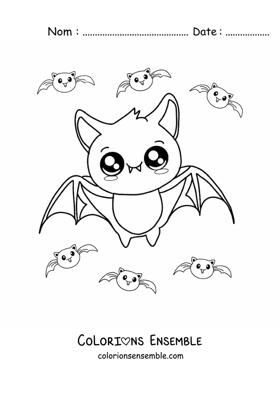 Image à colorier d'une chauve-souris kawaii en train de voler
