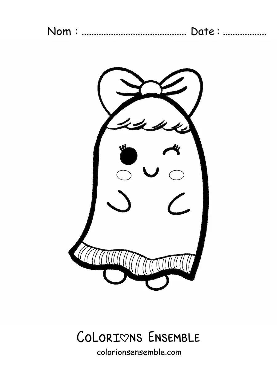 Image à colorier d'un fantôme kawaii avec un nœud