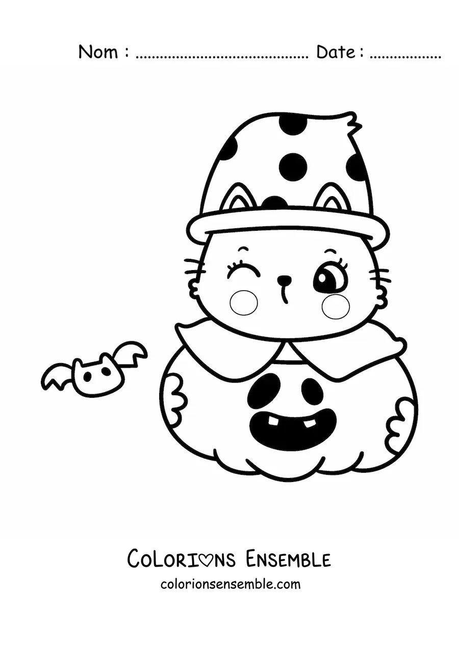 Image à colorier d'un petit chat kawaii avec une chauve-souris dans une citrouille d'Halloween
