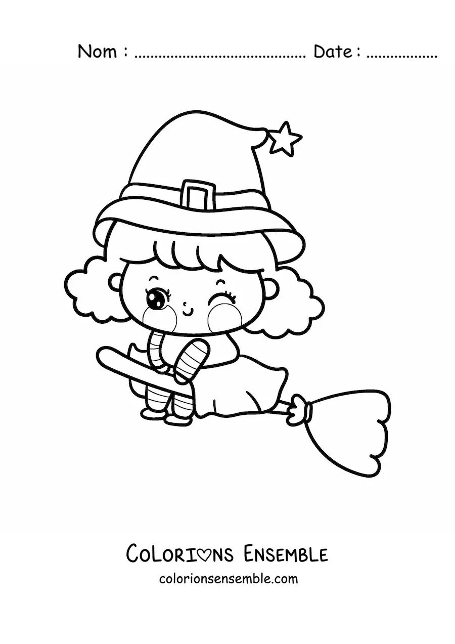 Image à colorier d'une petite sorcière kawaii qui vole