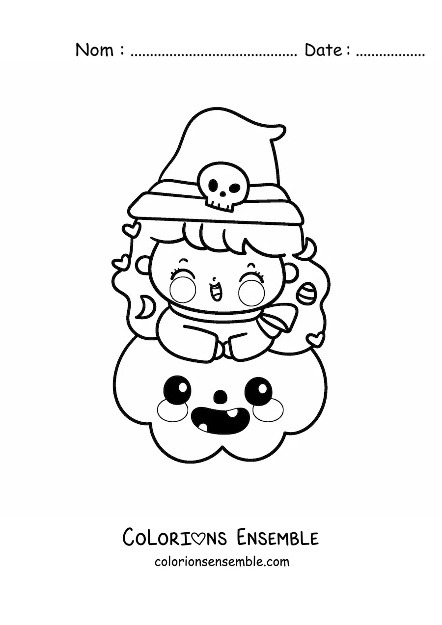 Image à colorier d'une petite sorcière kawaii sur une citrouille d'Halloween