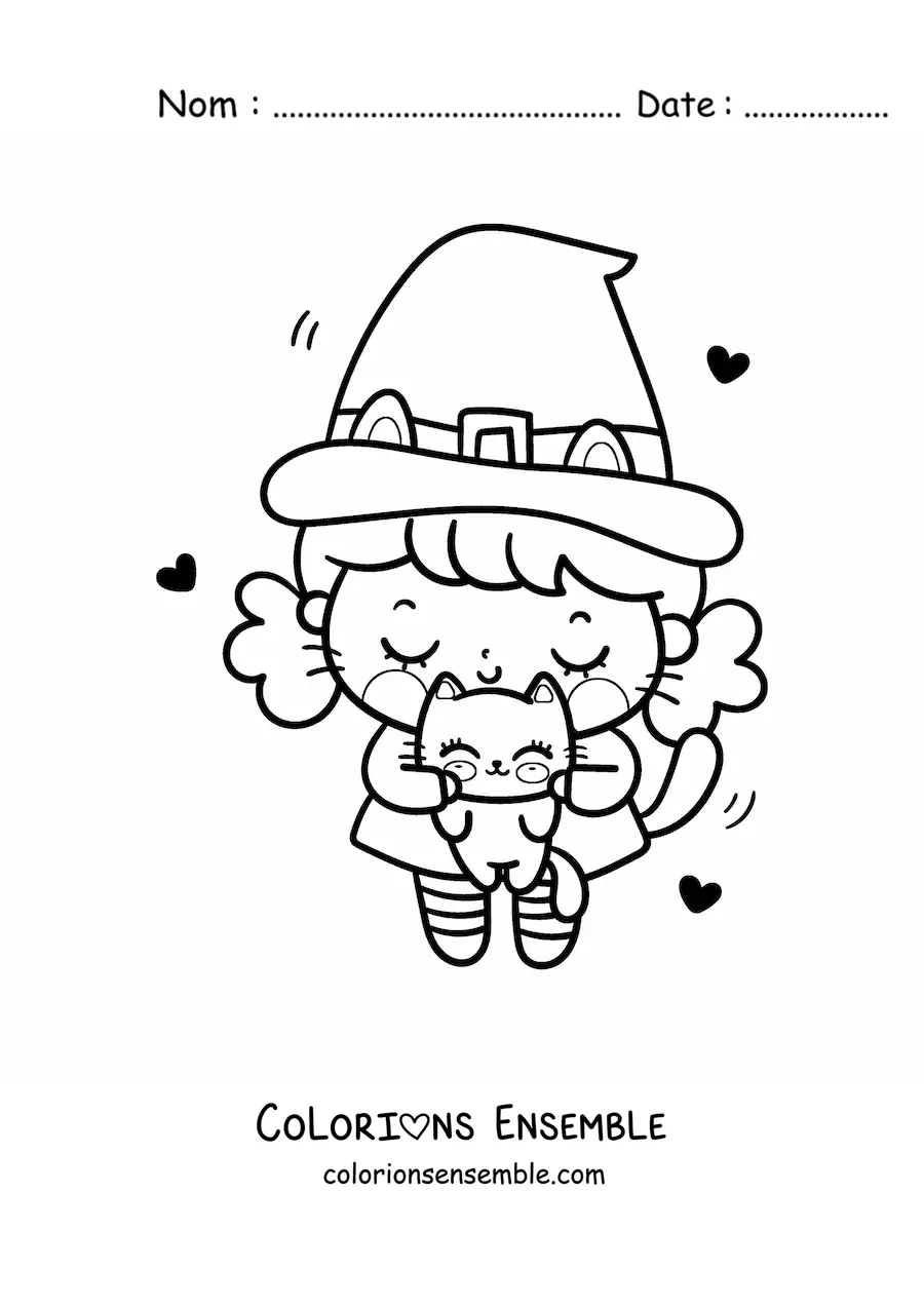 Image à colorier d'une petite sorcière kawaii avec un mignon chaton