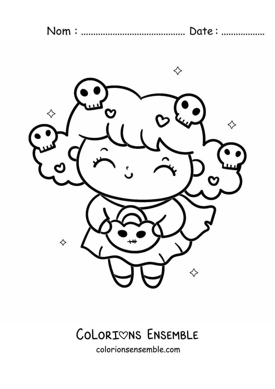Image à colorier d'une petite fille kawaii déguisée pour Halloween