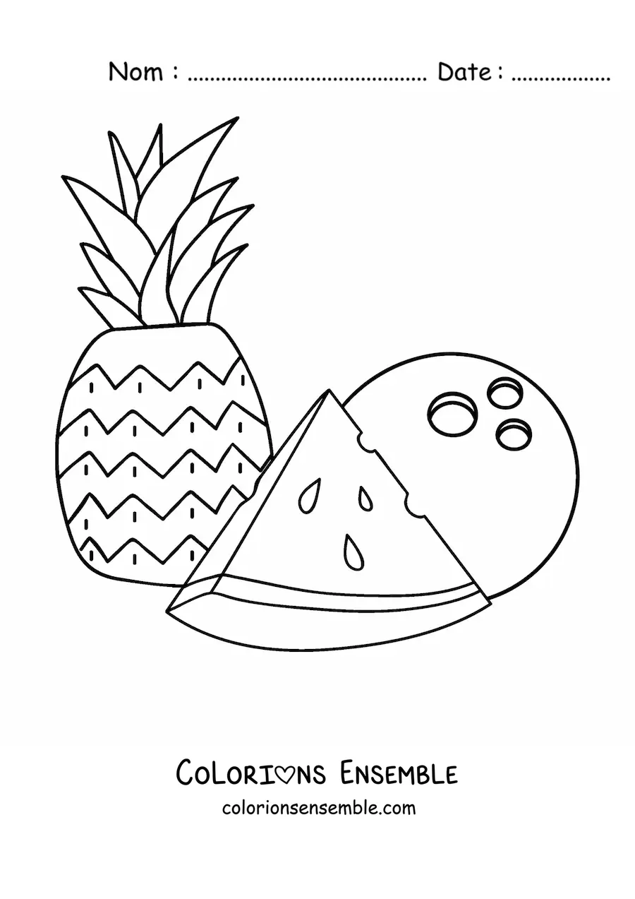 Image à colorier d'un ananas avec un morceau de pastèque et une noix de coco