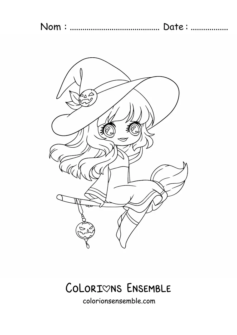 Image à colorier d'une sorcière kawaii style anime qui vole sur son balai