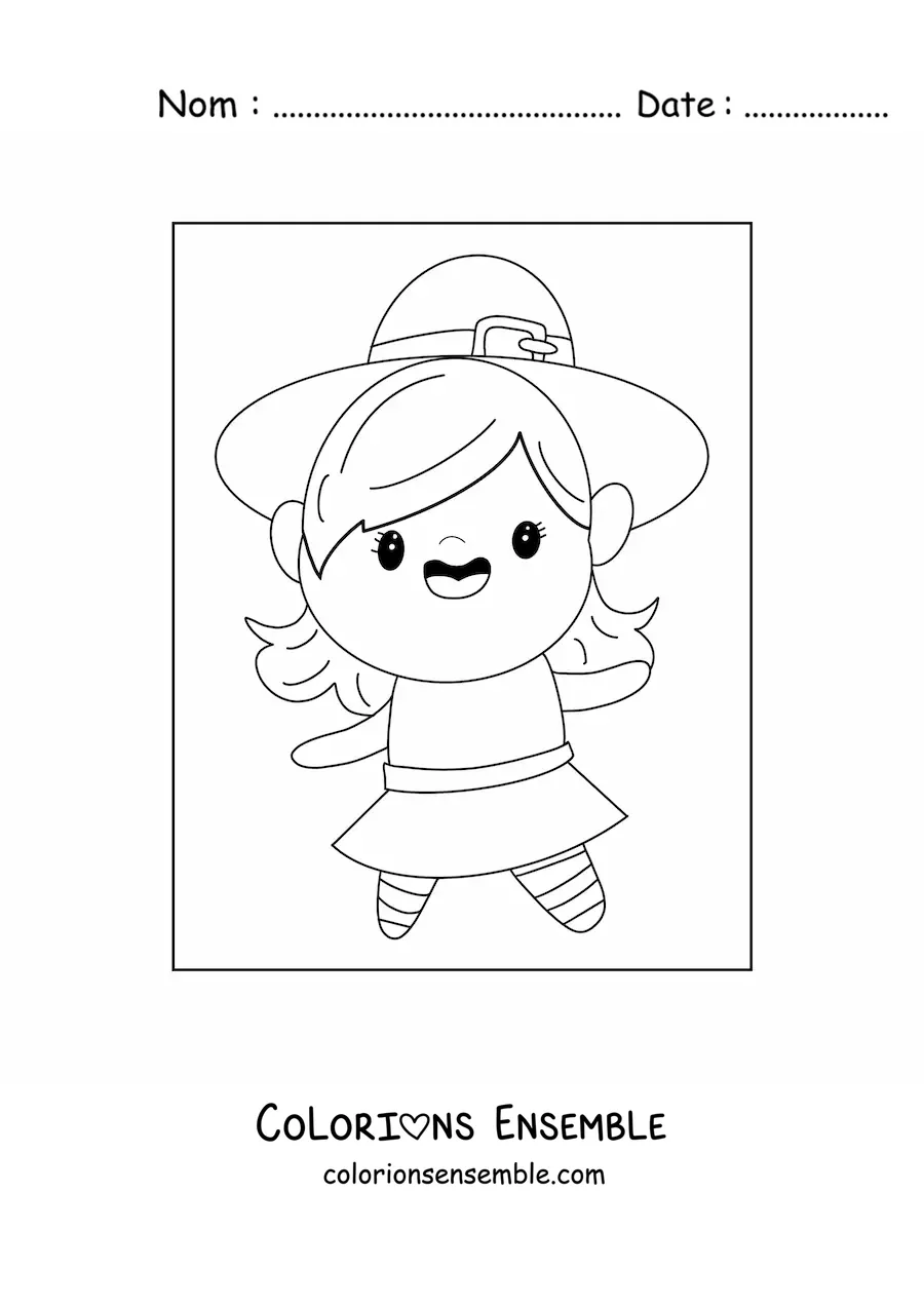 Image à colorier d'une fille déguisée en mignonne sorcière