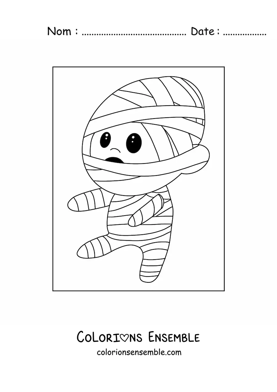 Image à colorier d'un garçon déguisé en momie kawaii