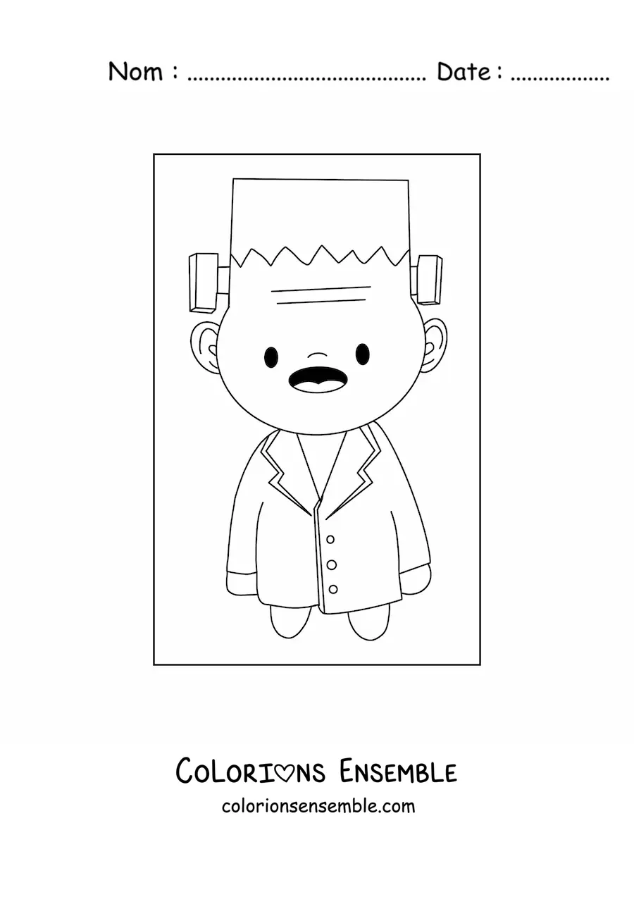 Image à colorier d'un garçon déguisé en Frankenstein kawaii