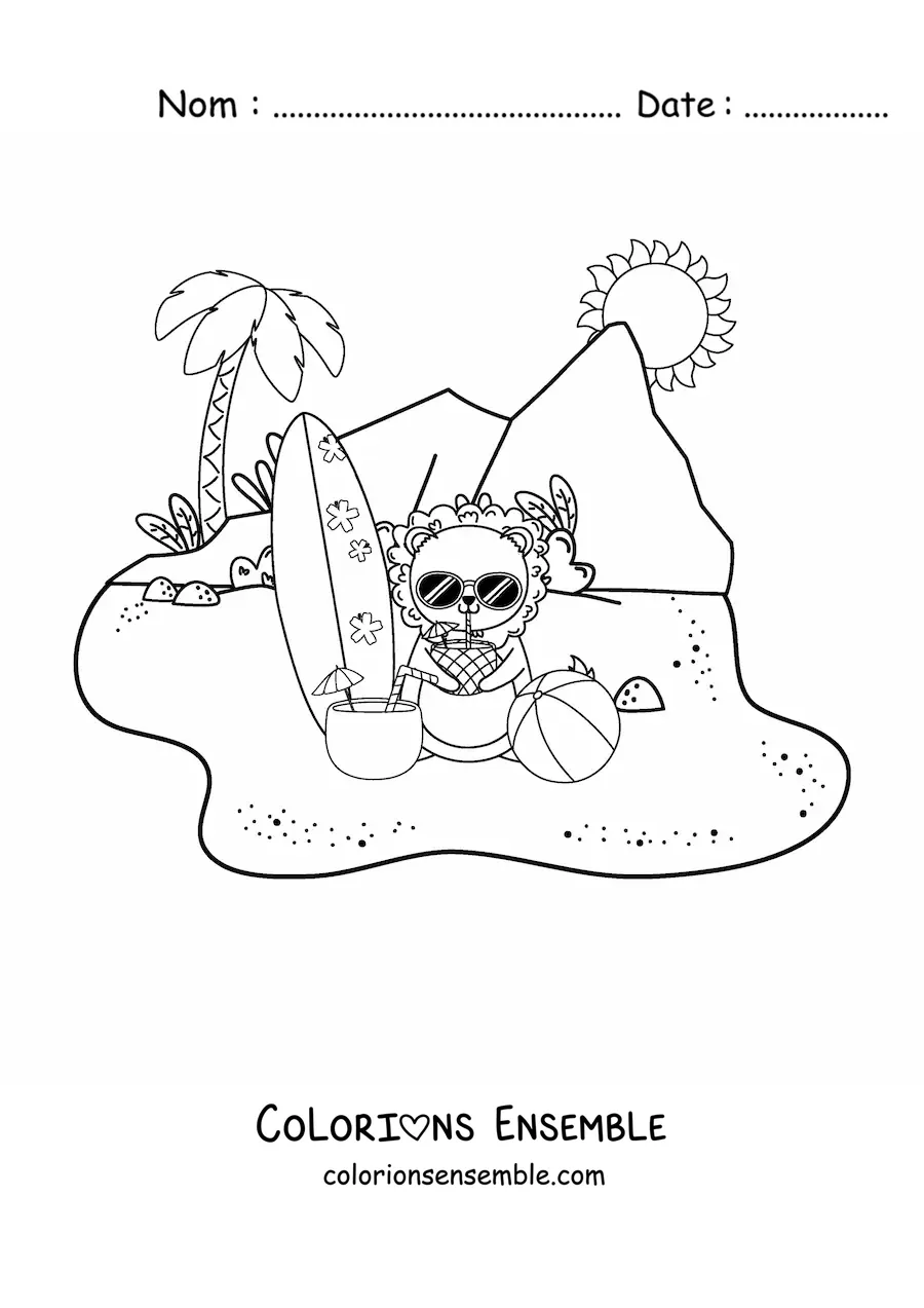 Image à colorier d'un lion animé à la plage qui boit un jus d'ananas