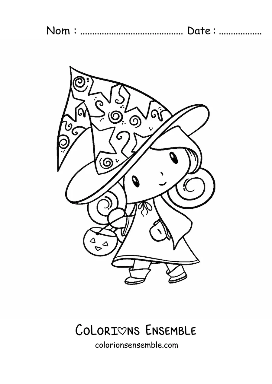 Image à colorier d'une sorcière kawaii