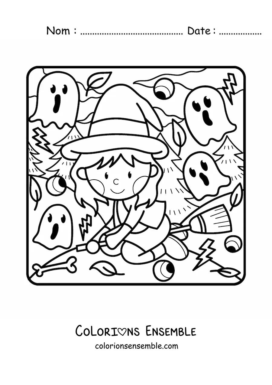 Image à colorier d'une sorcière kawaii qui vole sur un balai
