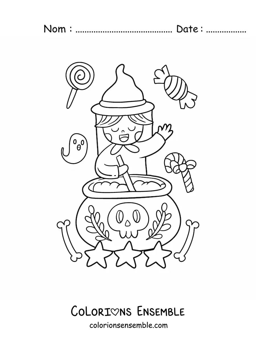 Image à colorier d'une sorcière kawaii avec un chaudron