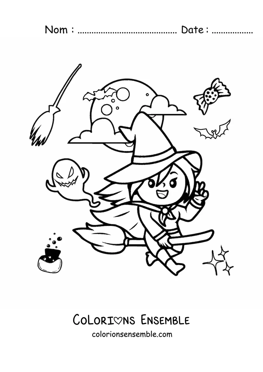 Image à colorier d'une sorcière qui vole sur un balai