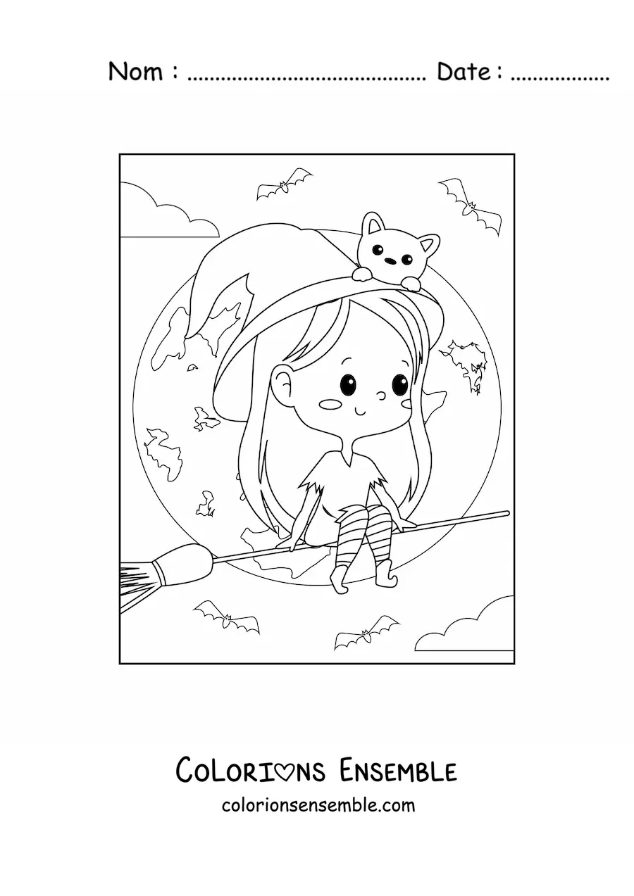 Image à colorier d'une sorcière d'Halloween kawaii qui vole sur un balai avec un chat