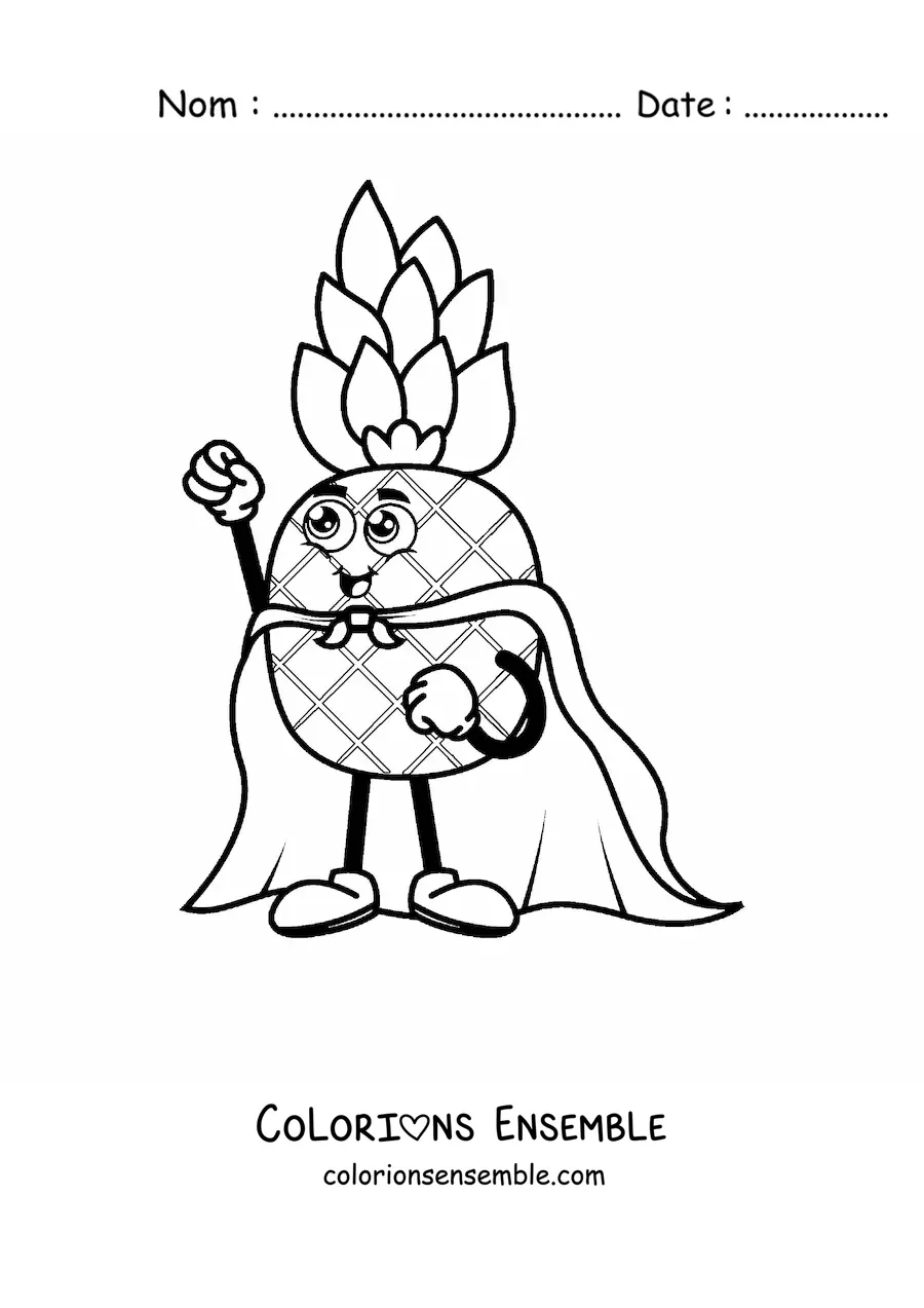 Image à colorier d'un ananas animé portant une cape