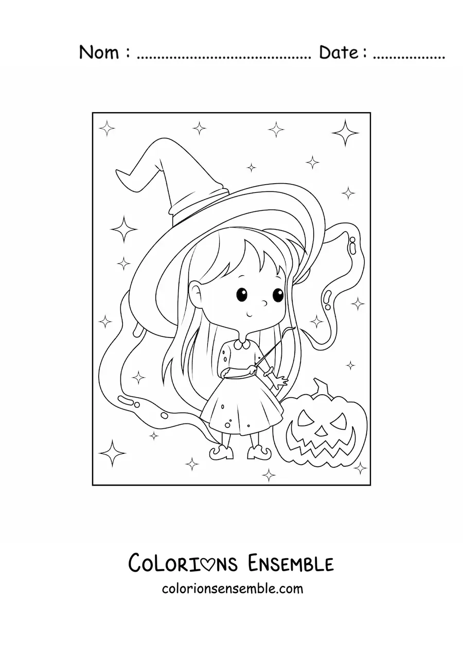 Image à colorier d'une sorcière d'Halloween kawaii avec une citrouille
