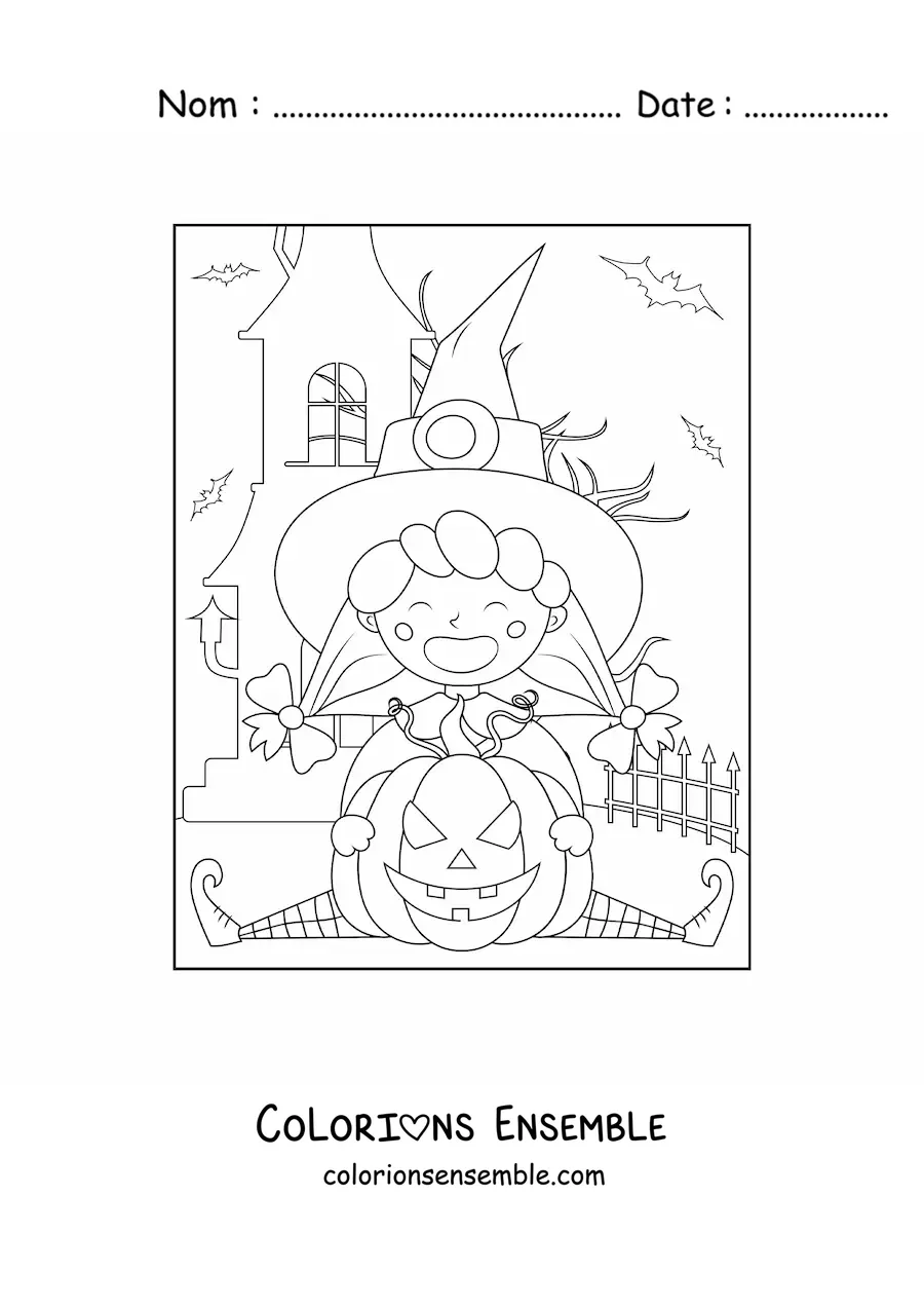Image à colorier d'une petite sorcière avec une citrouille d'Halloween