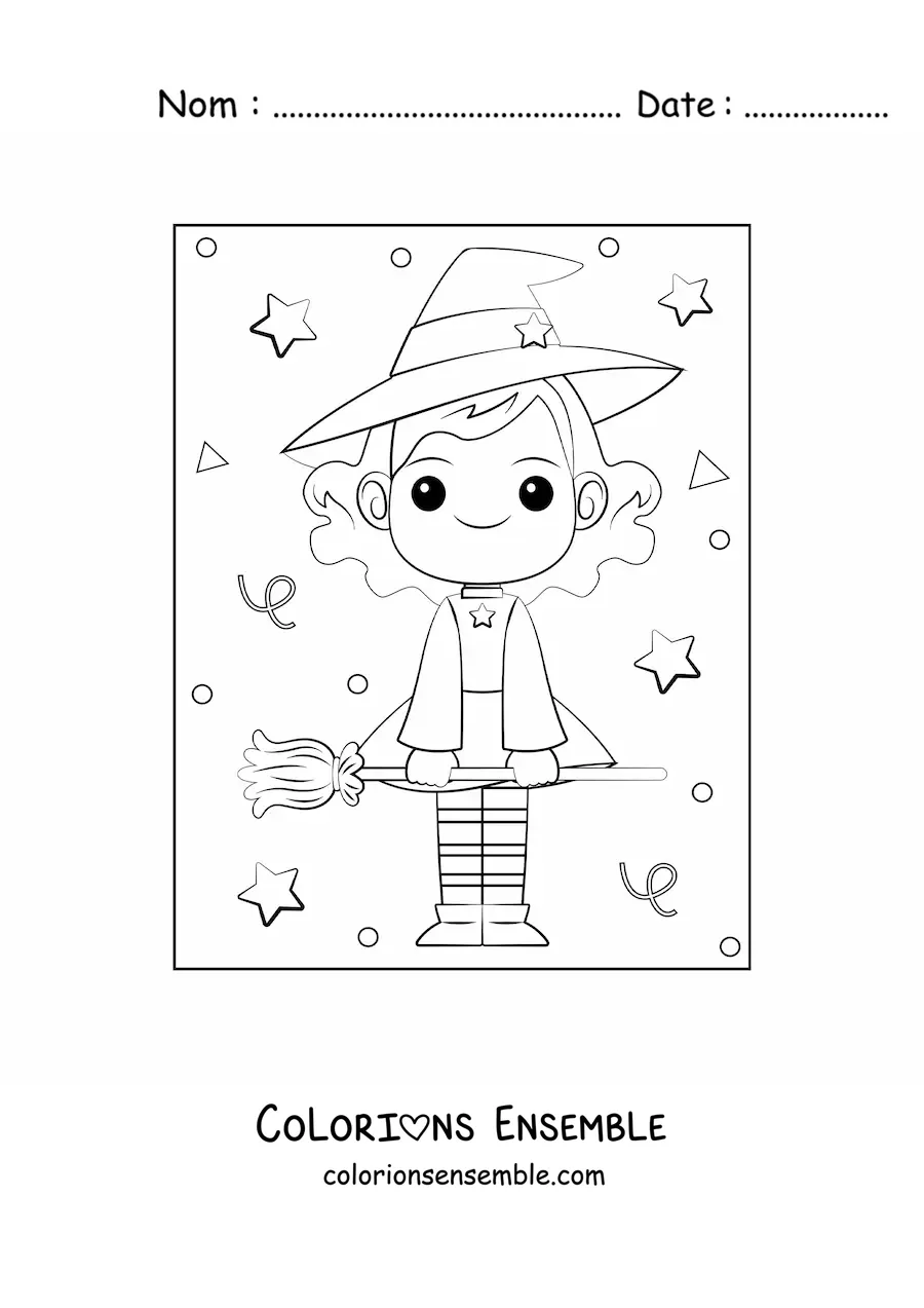 Image à colorier d'une sorcière kawaii avec un balai