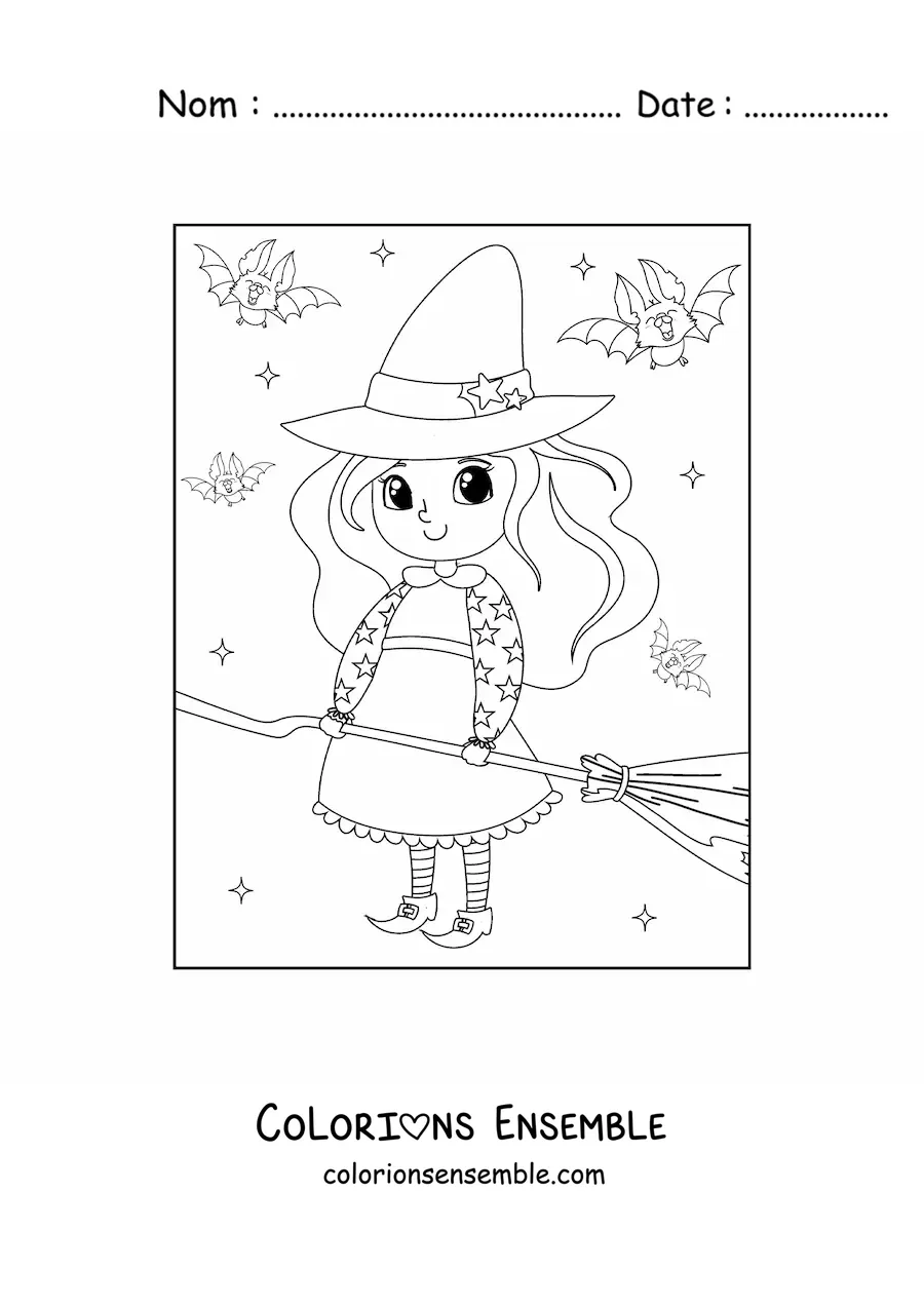Image à colorier d'une petite sorcière kawaii avec un balai et des chauves-souris