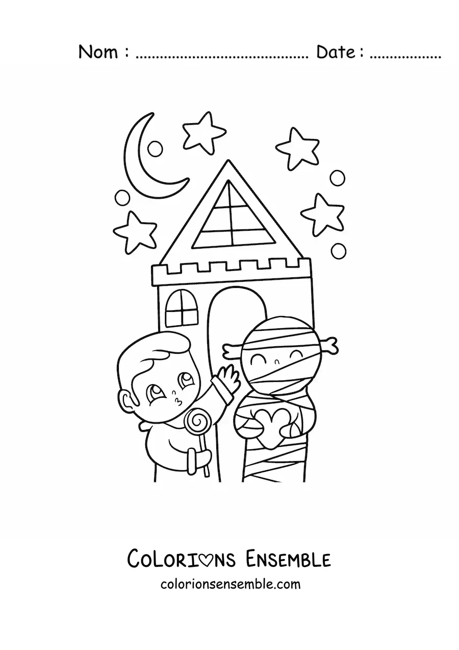 Image à colorier d'une maison hantée kawaii avec un garçon et une momie