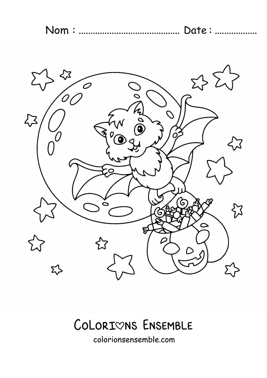 Image à colorier d'une chauve-souris kawaii avec une citrouille remplie de bonbons d'Halloween