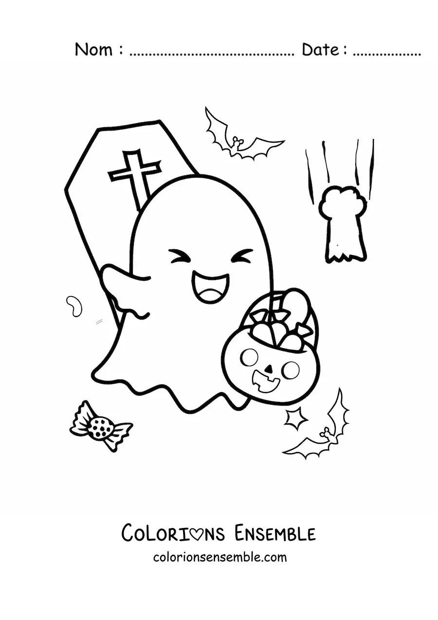 Image à colorier d'un fantôme kawaii avec des bonbons d'Halloween