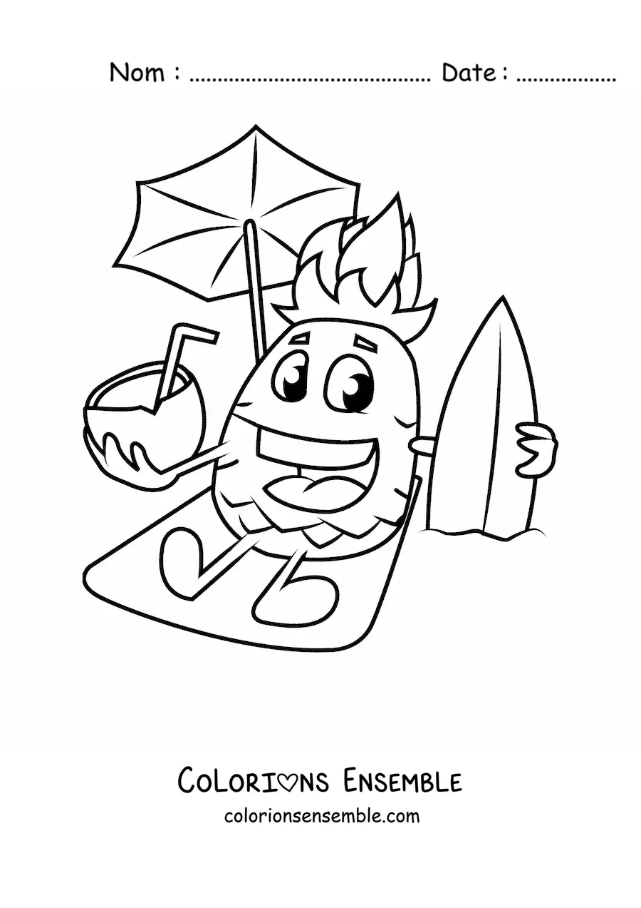 Image à colorier d'un ananas animé à la plage tenant une noix de coco à la main
