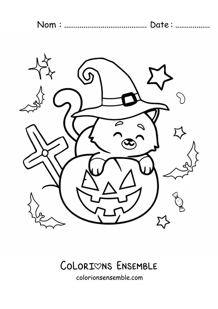 Image à colorier d'un chat kawaii avec un chapeau de sorcière et une citrouille d'Halloween