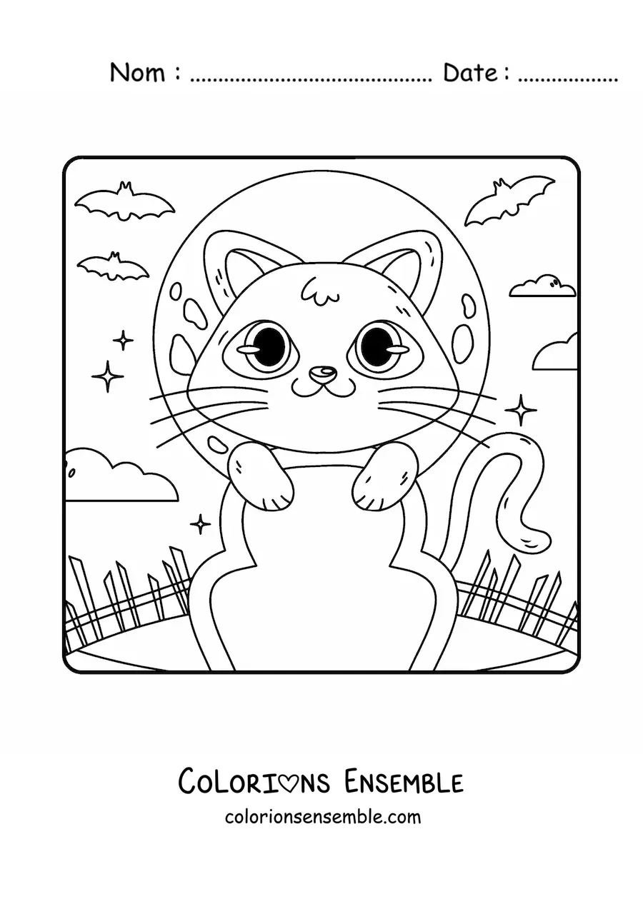 Image à colorier d'un chat kawaii sur une tombe à Halloween
