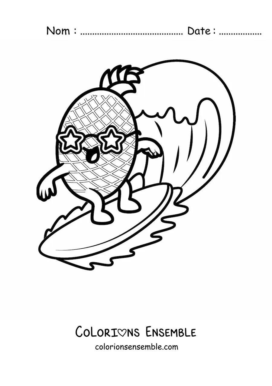 Image à colorier d'un ananas animé qui surfe avec des lunettes en forme d'étoile