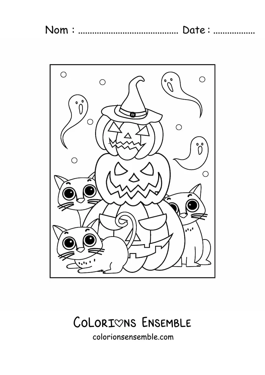 Image à colorier de petits chats kawaii avec des citrouilles d'Halloween