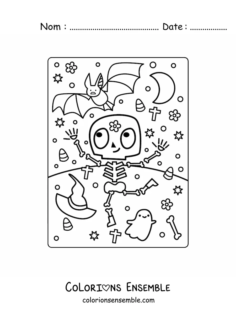 Image à colorier d'un squelette enfant qui danse à Halloween