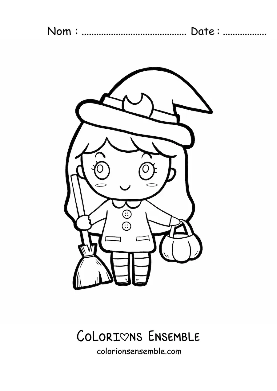 Image à colorier d'une petite fille kawaii déguisée en petite sorcière