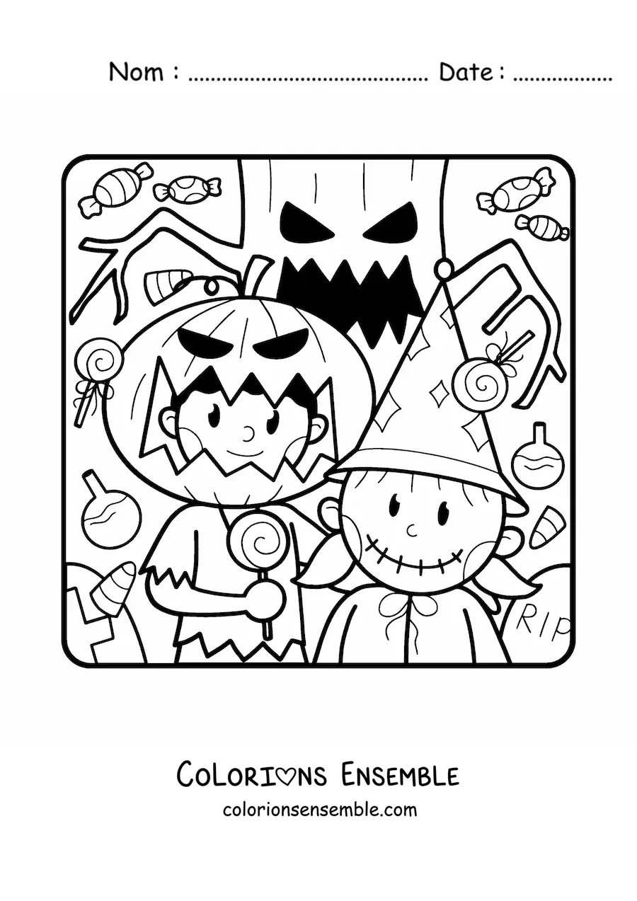 Image à colorier d'enfants déguisés en monstres pour Halloween