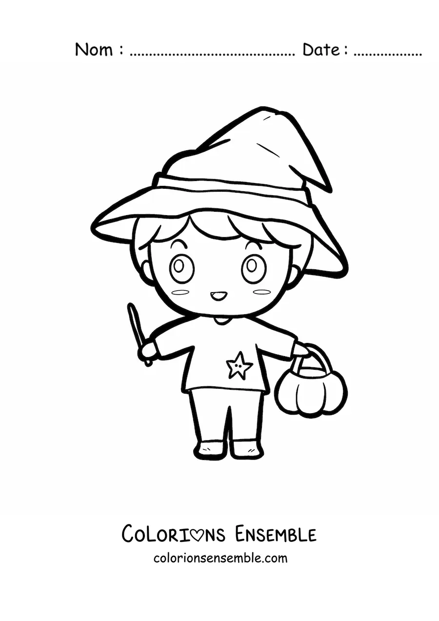 Image à colorier d'un garçon en costume de sorcier pour Halloween
