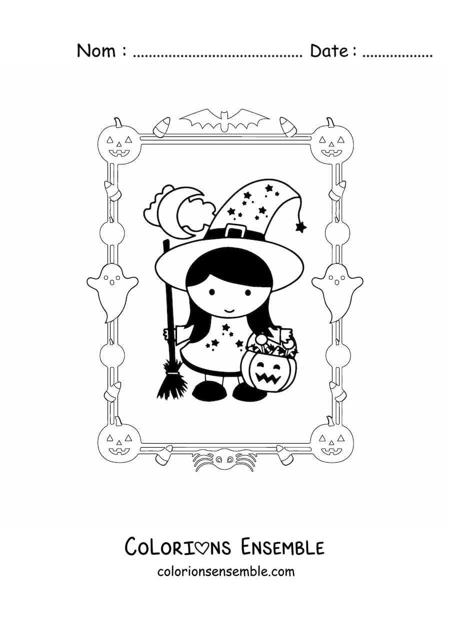 Image à colorier d'une fille déguisée en petite sorcière