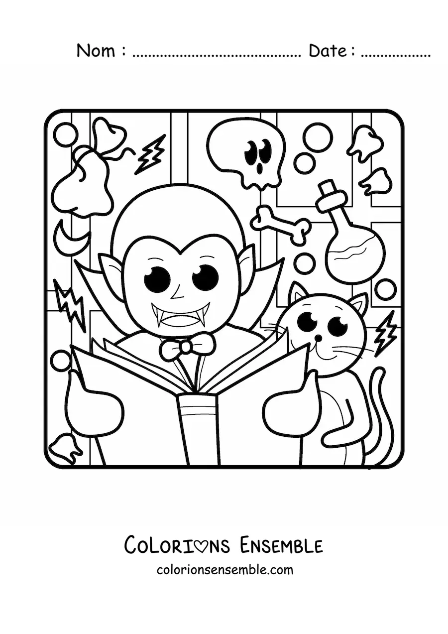Image à colorier d'un vampire kawaii d'Halloween avec un livre et un chat