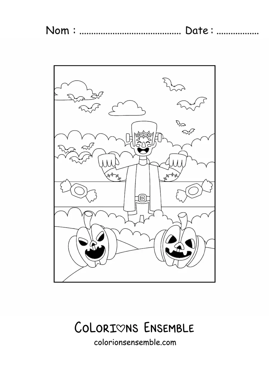 Image à colorier d'un Frankenstein animé kawaii avec des chauves-souris et une citrouille d'Halloween