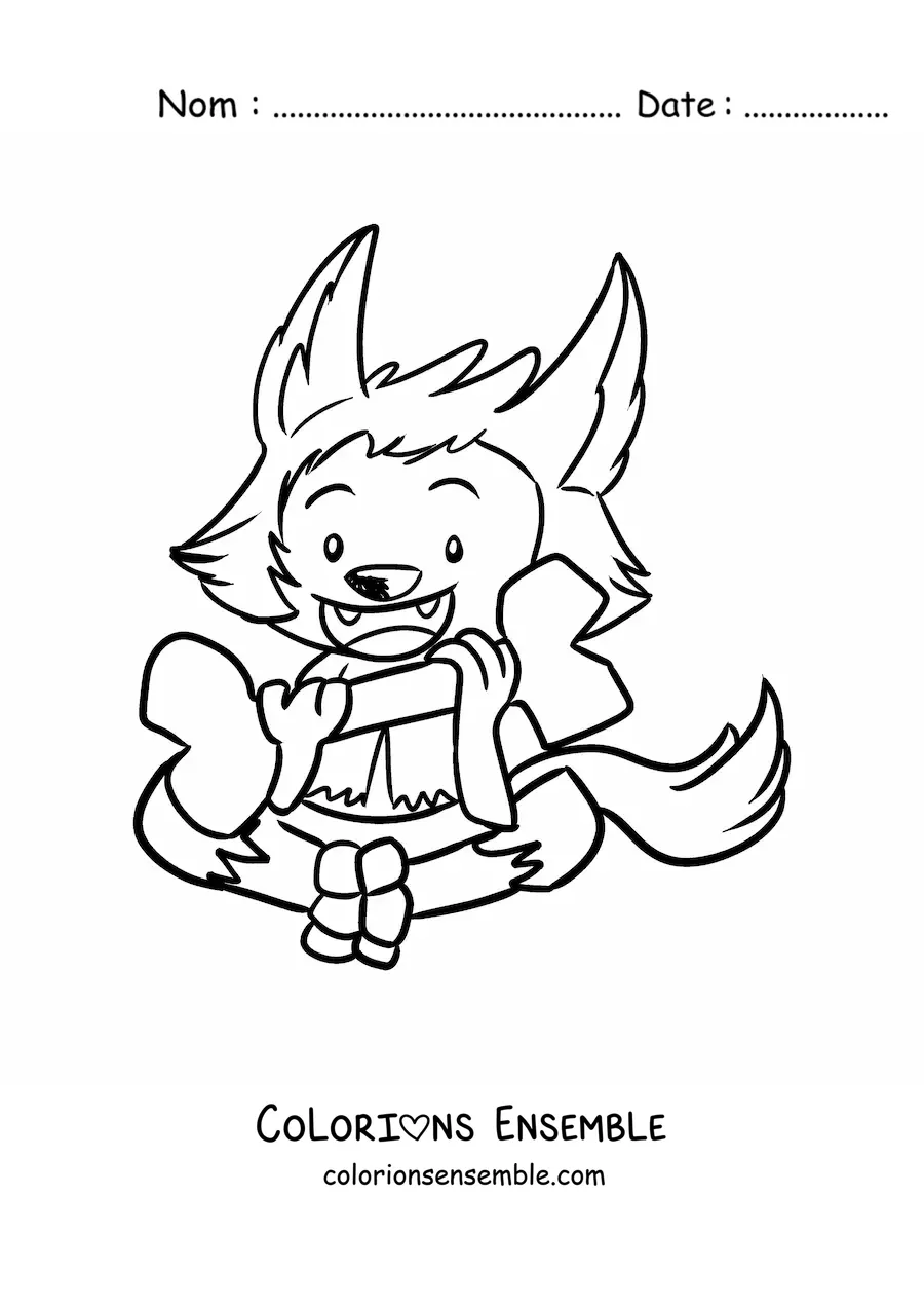 Image à colorier d'un loup-garou kawaii avec un os