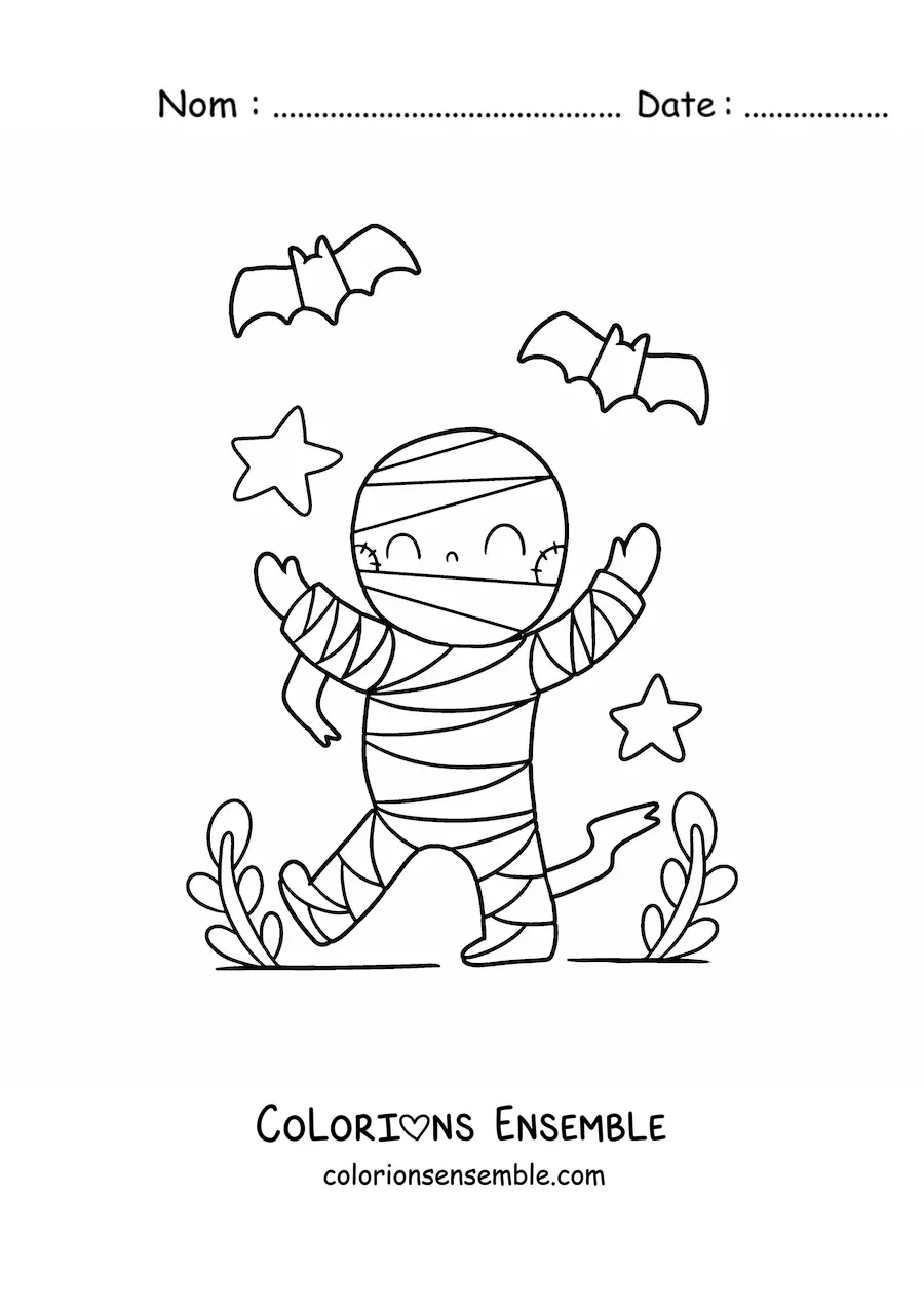 Image à colorier d'une momie kawaii d'Halloween
