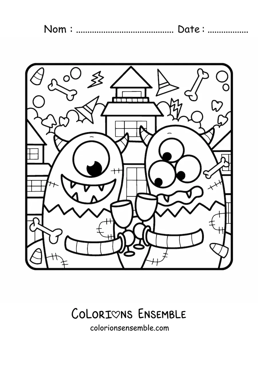 Image à colorier de monstres animés à une fête d'Halloween