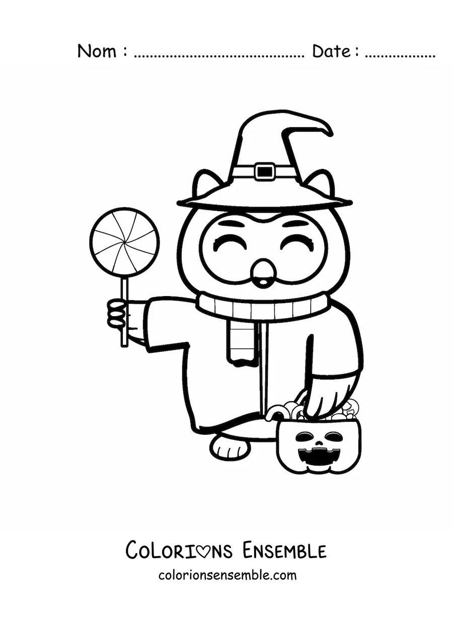 Image à colorier d'une mignonne chouette kawaii d'Halloween avec des bonbons et un chapeau de sorcière