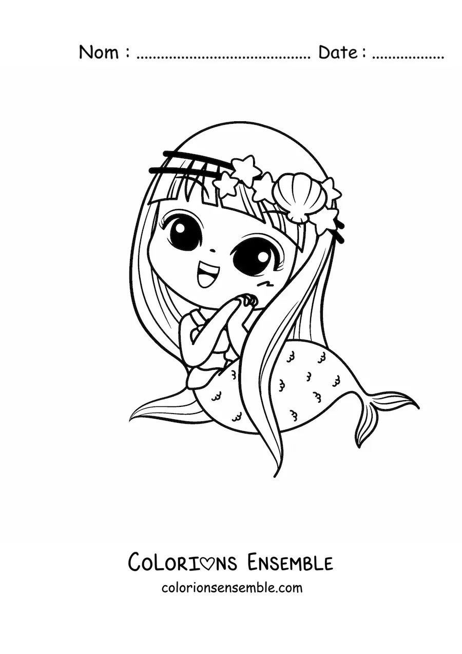 Image à colorier d'une mignonne sirène kawaii chibi