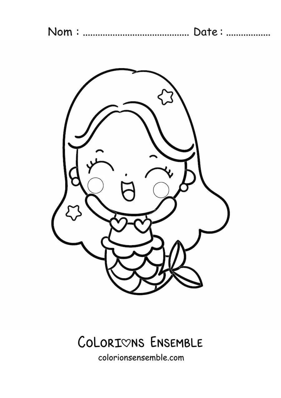 Image à colorier facile d'une mignonne sirène kawaii