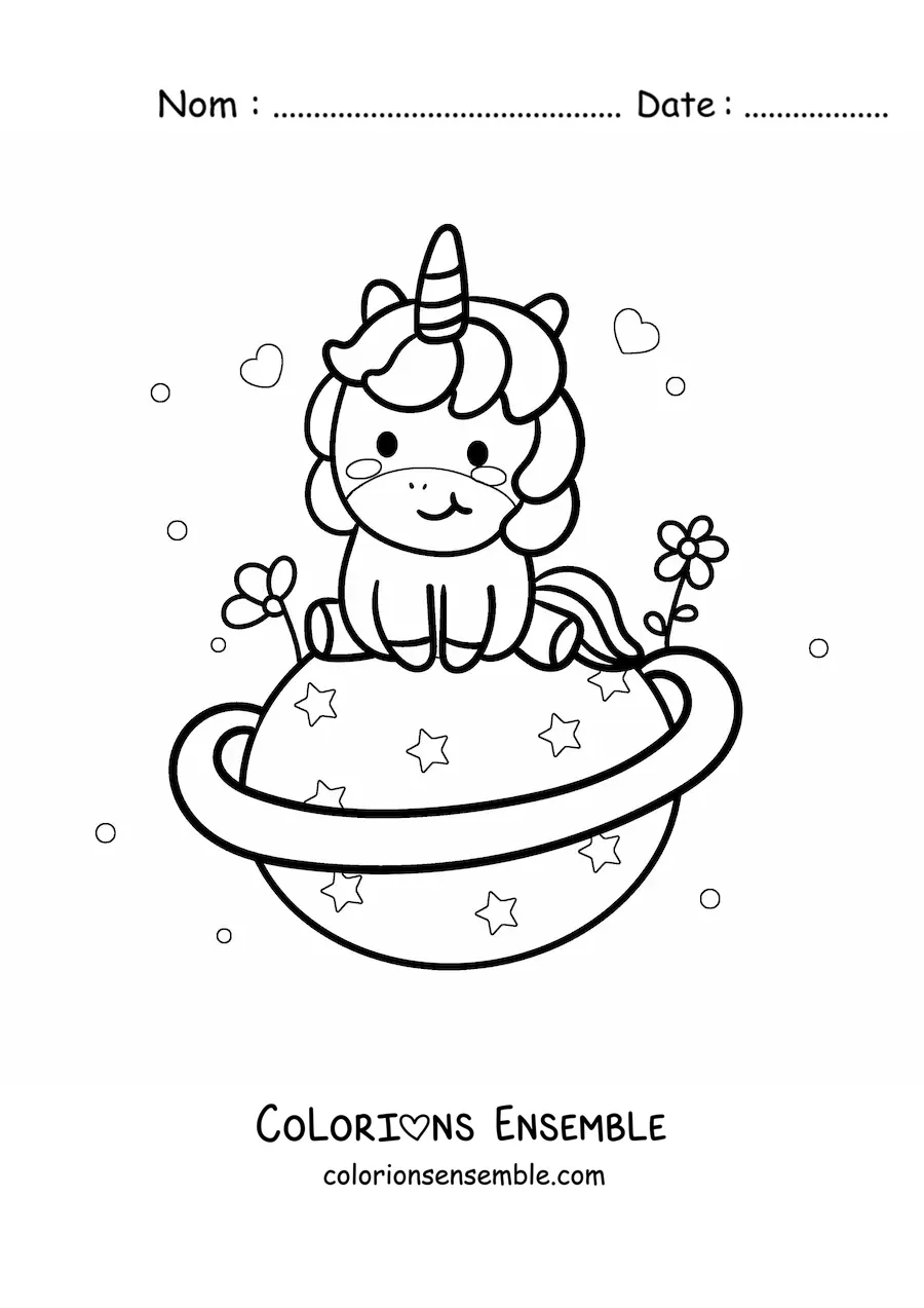 Image à colorier d'une mignonne licorne kawaii assise sur une planète