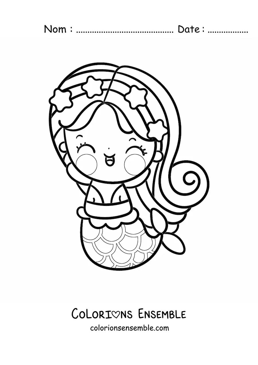 Image à colorier d'une mignonne sirène kawaii avec une couronne d'étoiles