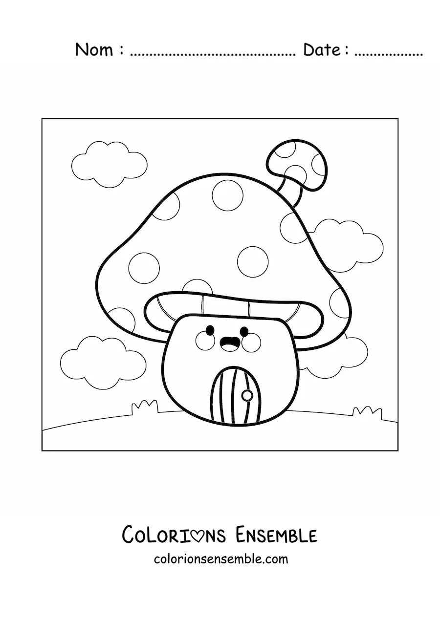 Image à colorier d'une mignonne maison champignon kawaii animée